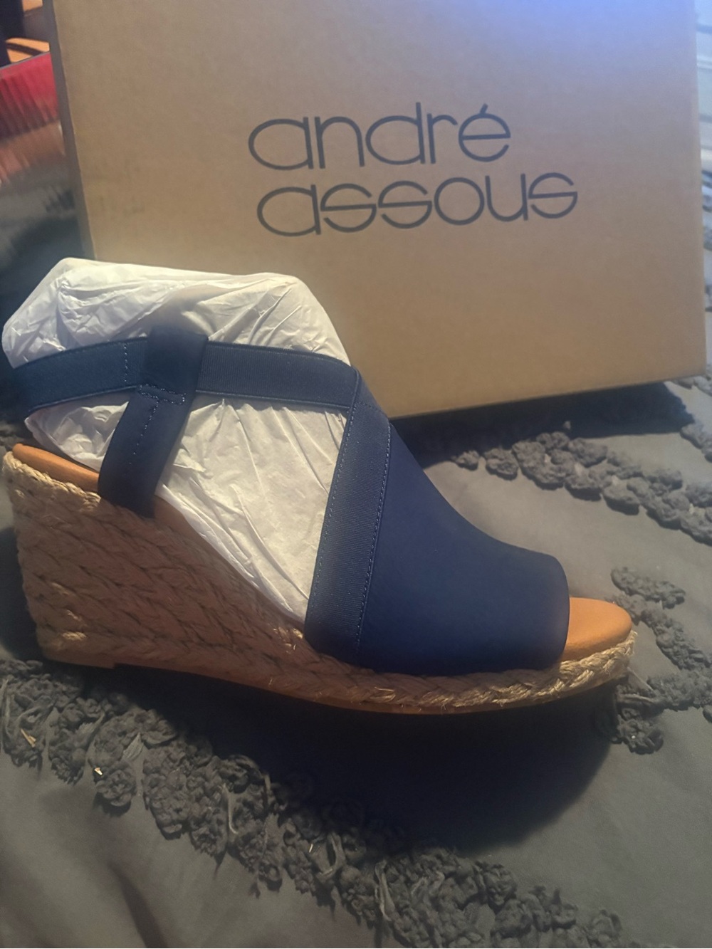 Andre Assous Navy Espadrille Wedge Sandals new in box